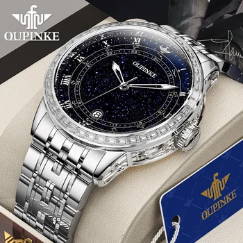 OUPINKE Лидирующий бренд Оригинальные автоматические механические мужские часы со звездным бриллиантовым циферблатом 5ATM Водонепроницаемые роскошные деловые мужские наручные часы
