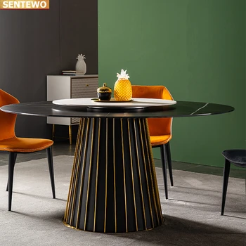 Роскошный Дизайнерский обеденный стол из круглой мраморной плиты, 8 стульев, мебель mesa de jantar tisch, нержавеющая сталь, золотое основание