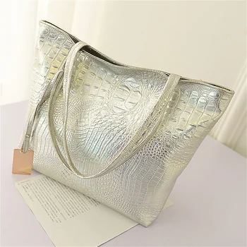 Модная Женская сумка через плечо с Крокодиловым принтом большой емкости, Корейская версия, женские сумки-тоут, Серебристые, Золотые, Черные, для покупок