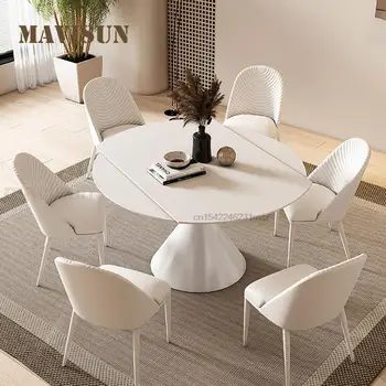 Круглый стол из каменной доски в кремовом стиле на прочной основе из углеродистой стали, мебель для дома, Многофункциональный кухонный стол-трансформер