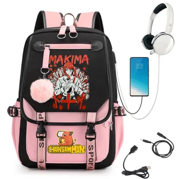 Модные сумки для женщин, рюкзак на плечо, школьная сумка для девочек, Usb-порт, Mochila, Человек-бензопила, злая подруга, Аниме Рюкзак Макима