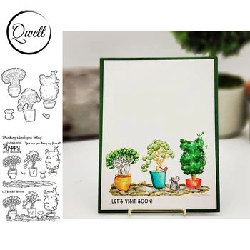 Режущие штампы QWELL С прозрачными штампами Набор Кошка Маленькое дерево Растение Газон Давайте скоро посетим Тематический альбом DIY Craft Paper Cards 2021