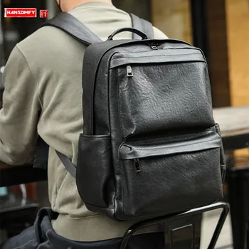 Новый мужской рюкзак из натуральной кожи, простая мужская сумка для компьютера из мягкой черной коровьей кожи, нишевый деловой школьный рюкзак для поездок на работу