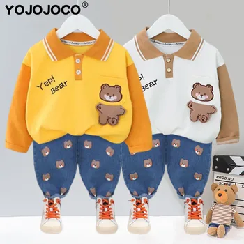 Одежда для маленьких мальчиков, весенне-осенний костюм мультяшного медведя для мальчиков и девочек, милый топ с принтом медведя + джинсы, детская одежда, комплект из 2 предметов