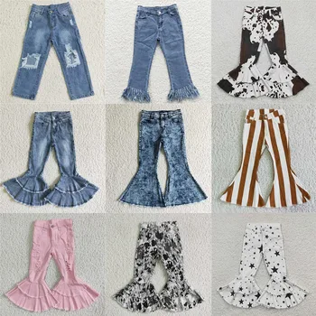 Оптовая продажа Осенней одежды для маленьких девочек, Джинсовые Двойные джинсы, расклешенные Штаны на пуговицах, рваные джинсы